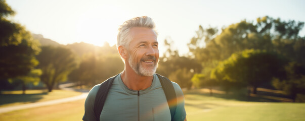 Wall Mural - Cheerful old man have outdoor workout, looking at blank space