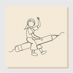 Wall Mural - Continuous single line sketch drawing art business woman riding flying big pencil. Vector illustration one line concept of business growth success