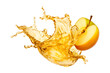 Apple Cider or juice splash wave swirl with an apple slice isolated on a transparent background, fruit liquid splashing PNG, Flying Apple Juice