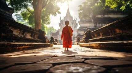 Wall Mural - Monks and novices in an old temple in Thailand