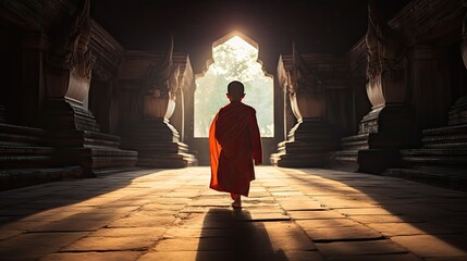 Wall Mural - Monks and novices in an old temple in Thailand