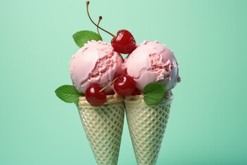 Wall Mural - A delicious image featuring three scoops of ice cream topped with cherries. Perfect for promoting summer treats and dessert menus.