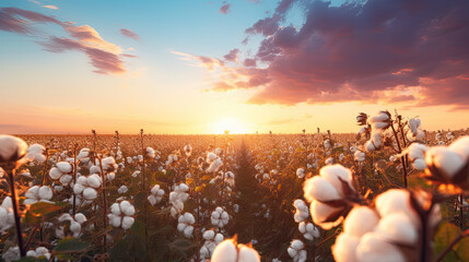 Wall Mural - Fair Trade certified cotton field at sunset, warm golden hour light