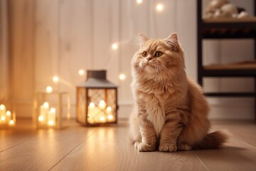 The cat is sitting in a cozy living room with a garland in the background