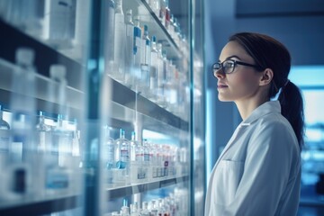 Poster - A woman wearing a lab coat is carefully examining various bottles. This image can be used to illustrate scientific research, laboratory experiments, or pharmaceutical studies.