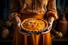 Woman In Old Fashioned Dress Holding American Pumpkin Pie