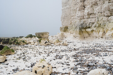 Wall Mural - Misty morning in Hope Gap beach, Cuckmere Haven, located between Seaford and Eastbourne. Pebbly coastline with seaweed and the white cliffs on the background, selective focus