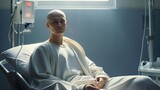 Fototapeta  - Man with no hair on her head on bed in hospital