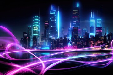 Poster - A cybernetic metropolis showcasing towering skyscrapers adorned with luminescent designs against the night.