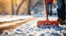 Person With A Snow Shovel To Clear A Driveway On Cold Winter Day