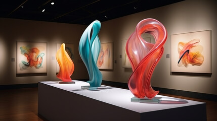 Modern art exhibition with expositions of futuristic abstract sculpture in fine art gallery museum with vibrant colors