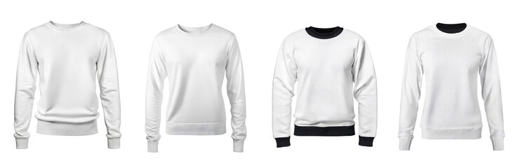 Wall Mural - Collection of blank white sweatshirt templates. Pullovers with long sleeves, mockups for design and print, isolated on a transparent background with clipping path.
