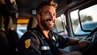 Handsome paramedic talks on radio outside clinic