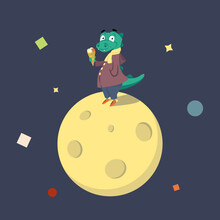 Cartoon Crocodile With Ice Cream On The Moon. Crocodile Character In Vector. Flat Style.
