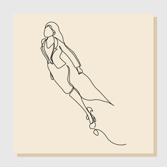 Wall Mural - Continuous single line sketch drawing of flying business super hero woman. Vector illustration one line concept of power employee, success achievement, business hero leader