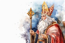 Sinterklaas Watercolor Drawing. The Background Is White And Copy Space, Generative Ai