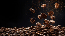 Roasted Coffee Beans Mid-air, Glistening And Cascading, Illuminated Against A Dark, Dramatic Backdrop, Capturing The Essence Of A Fresh Brew
