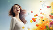 A joyful woman with flowing hair surrounded by vibrant fruit and water splash against a sky-blue backdrop