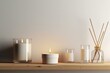 Glass scented candle & blank label mockup with aroma reed diffuser on wooden shelf against white wall. Home aromatic candles & aromatherapy. 3D rendering. Generative AI