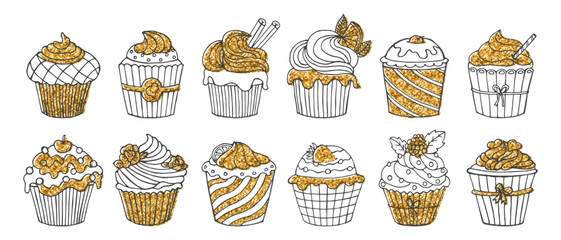 Wall Mural - Set of hand drawn holiday cupcakes decorated with gold glitter. Icons, holiday design elements. Vector