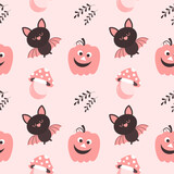 Fototapeta Pokój dzieciecy - Halloween pink baby background. Seamless pattern with cute Halloween elements, pumpkins, bats and mushrooms. Cartoon design in flat style. Vector