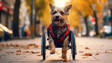 A Happy Dog With A Disabled Leg Using A Wheelchair For A Walk Around The Vet Clinic