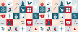 Fototapeta Dinusie - Christmas holiday icon elements with geometric seamless pattern design. Modern bauhaus style Christmas and Happy New Year decoration red, white, blue and pink color background
