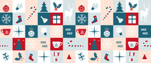 Christmas Holiday Icon Elements With Geometric Seamless Pattern Design. Modern Style Christmas And Happy New Year Decoration Red, White, Blue And Pink Color Background