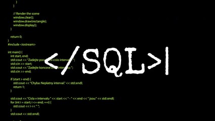 sql text and code running down a computer screen terminal.4K motion animation.