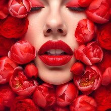 Face Of A Beautiful Woman With Pouty Lips With Red Lipstick Framed With Bright Scarlet Flowers Peonies Roses Petals. Fashion Makeup Skin Care Menstruation Female Health Concept