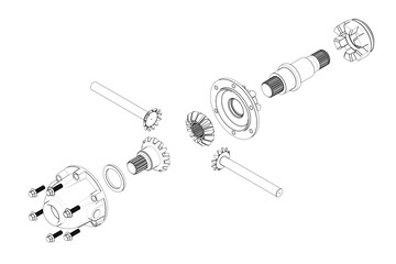 Wall Mural - Car gearbox 3D rendering in black and white. Automotive spare part