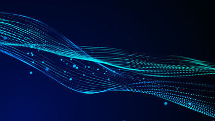 Fototapete - Big data visualization. The musical stream of sounds. Abstract background with interweaving of dots . 3D rendering.