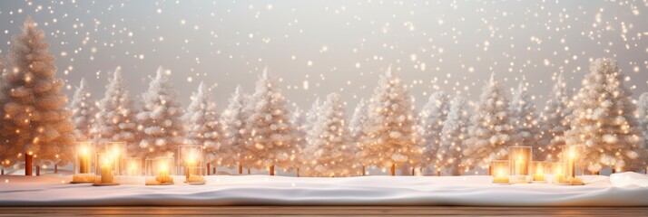 Sticker - Holiday Wood Background. Christmas-themed Tabletop with Warm Living Room Decor and Snowy Christmas Tree String Lights. Perfect Holiday Backdrop for Winter and New Year Advertisements.