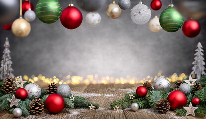 Sticker - Christmas background with pretty decoration: ornaments arranged on rustic wood surface, bokeh lights and baubles frame an illuminated gray texture with vignetting