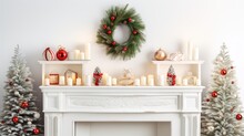 Festive Christmas Decor Using Lush Fir Branches, Charming Ornaments, And Softly Glowing Candles On A Clean White Wooden Background. The Holiday Spirit With This Picturesque Composition.