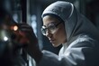 A Muslim woman scientist student wearing a lab coat and safety goggles, conducting experiments in a high-tech laboratory. Contribution to scientific research and innovation.