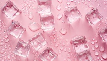 Top view ice cubes on light pink backdrop with drops