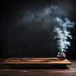 Empty wooden table with smoke, steam on dark background. Insert your text.