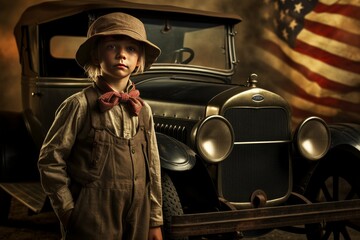 Wall Mural - Vintage American 1920 child boy. Old american car. Generate AI