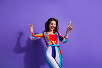 Poster - Photo of sweet adorable lady wear striped overall drinking sparkling wine enjoying discotheque isolated purple color background