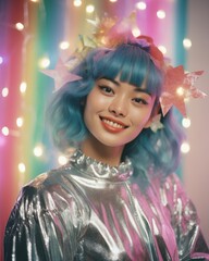 Wall Mural - A retro-inspired woman with electric blue hair and a dazzling starry dress sparkles with joy at a christmas and new year celebration, her smile as bright as the glittering party lights