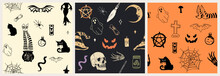 Set Of Seamless Patterns With Traditional Halloween And Witch Craft Elements - Ghost, Witches Legs, Hat, Poison, Snake, Black Cat, Bat, Skull. Vector Repeatable Backdrop For Cards, Invitations, Banner