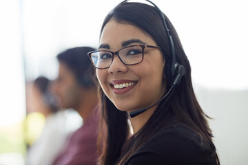 Aufkleber - Business woman, call center portrait and happy for customer service, e commerce sales and telemarketing. Face of professional consultant or agent in telecom workspace for contact us or virtual chat