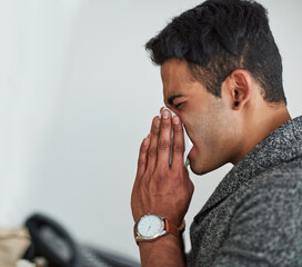 Profile, sick and blowing nose with a man with a tissue closeup in his home for relief from allergy symptoms. Mockup, cold or flu virus and a young person ill due to infection, pollen or hay fever