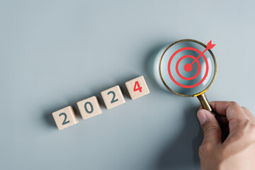 Poster - Focus to New year 2024 target objective and countdown merry christmas and happy new year, Planning and challenge strategy in new year 2024 Concept.