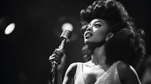 Black And White 1950s Inspired, African American Woman Singing Into A Microphone In A Jazz Club