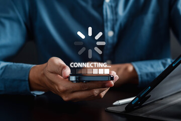 Wall Mural - connection update software and installing in computer. man upgrade program, business technology inte