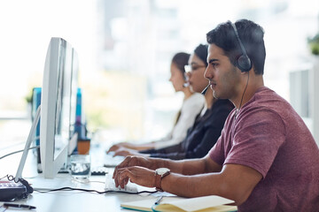 Aufkleber - Business people, call center and workspace for customer service, e commerce support or virtual communication. Consultant or employees typing on computer at online agency, website chat and contact us
