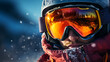 snowboarder / skier with helmet goggles on in the mountains on wintersport. 