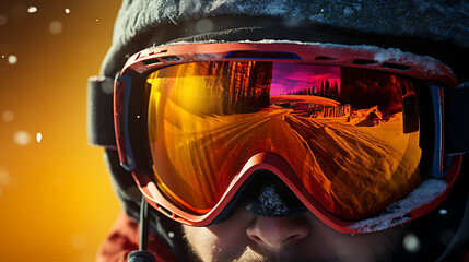 snowboarder / skier with helmet goggles on in the mountains on wintersport. 